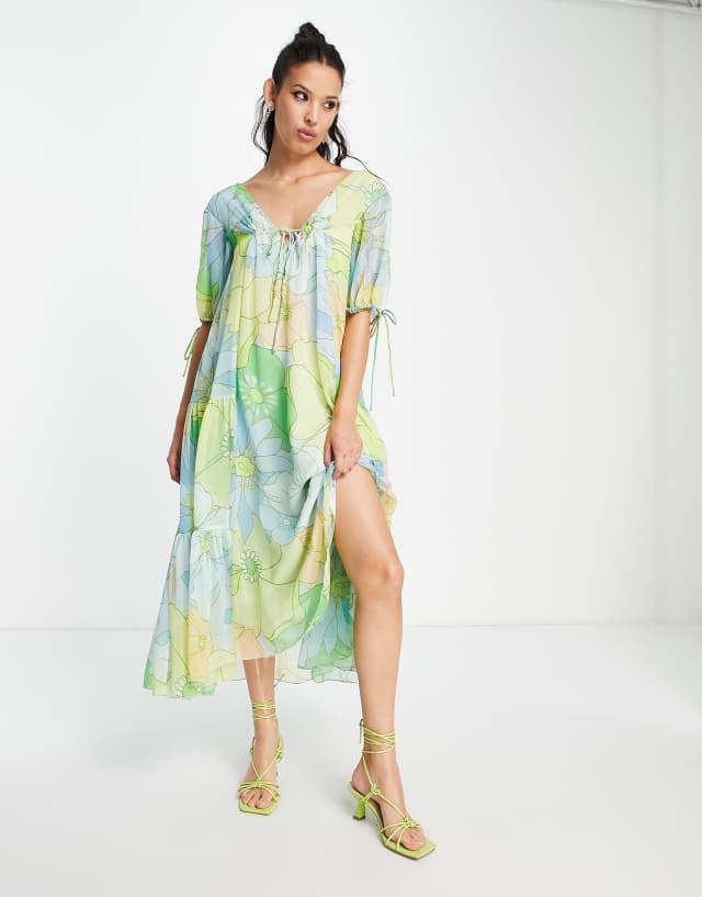 ASOS DESIGN 70's trapeze maxi dress in green floral print