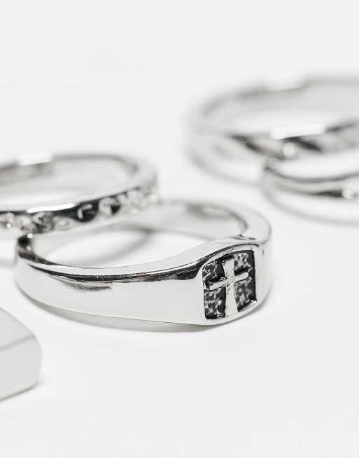 ASOS DESIGN 7 pack band ring set in silver tone