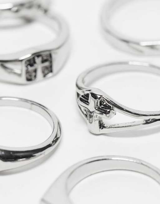ASOS DESIGN 7 pack band ring set in silver tone