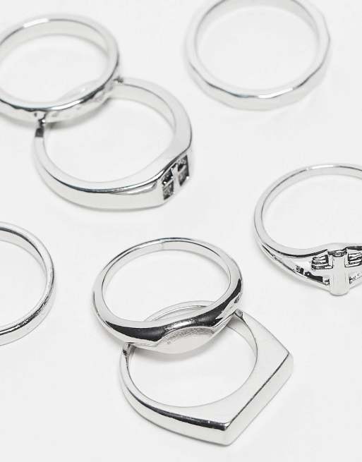 ASOS DESIGN 7 pack band ring set in silver tone