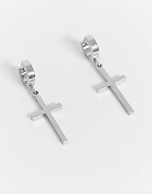 ASOS DESIGN 7mm hoop earrings with cross charms in silver tone