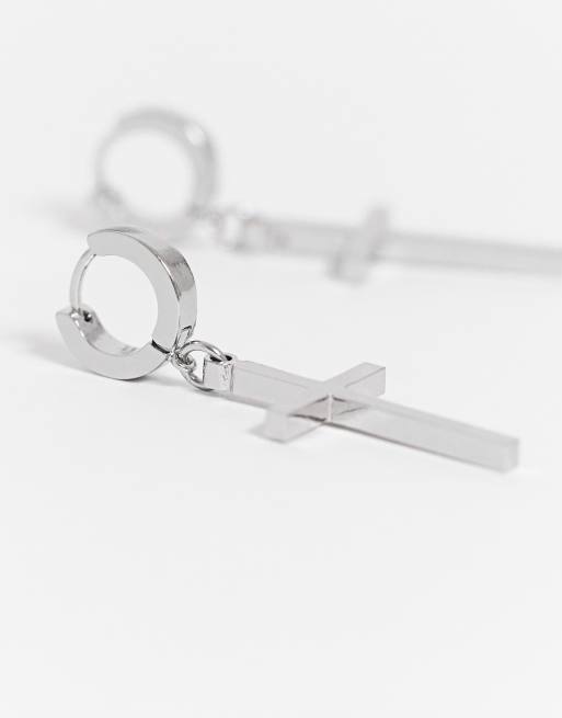 ASOS DESIGN 7mm hoop earrings with cross charms in silver tone, 3 of 4
