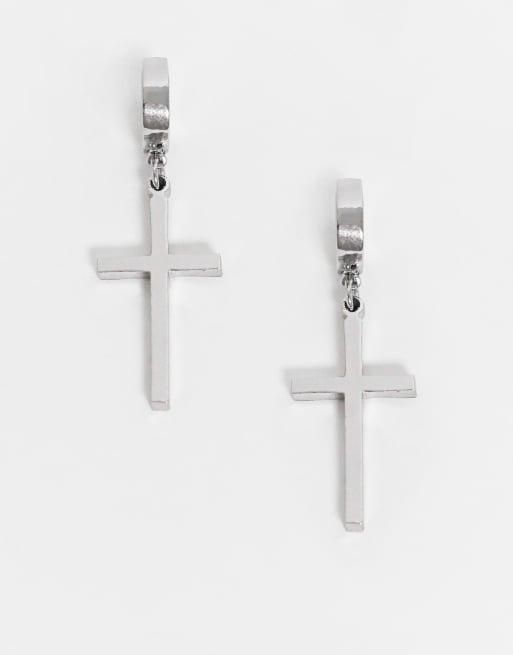 ASOS DESIGN - 7mm Oorringen met kruisbedel in zilverkleur, 2 van 4