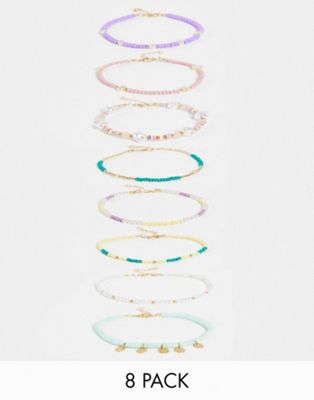 Asos Design 8-pack Anklets In Mixed Beaded Designs-multi