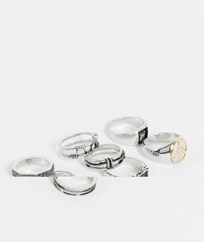 ASOS DESIGN 8-pack mixed ring set with embossing and peace sign in burnished silver