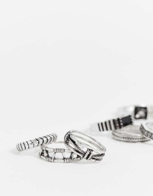 ASOS DESIGN 3 pack band ring set with embossing in burnished silver tone