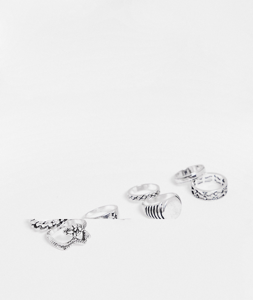 ASOS DESIGN 8 pack mixed ring set with embossing and snake in burnished silver