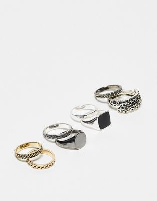 ASOS DESIGN 8 pack mixed ring set with octopus and rope detail in silver black and gold