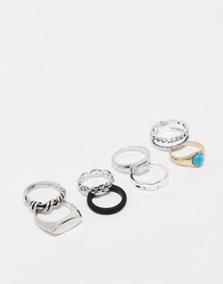 ASOS DESIGN 8 pack rings with blue signet in mixed metals | ASOS