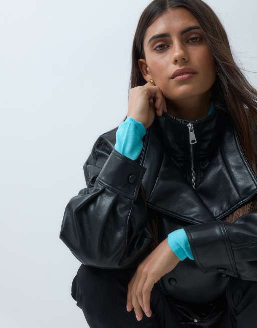 ASOS DESIGN 80'er læderlook-jakke med dobbeltlag og indsnøret talje i sort, 3 af 4