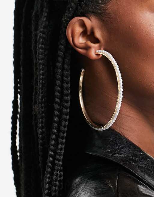 ASOS DESIGN 80mm hoop earrings with faux pearls gold tone