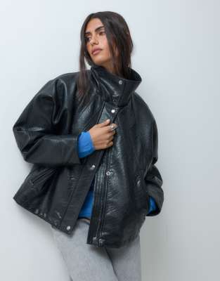 Asos Design 80s Batwing Leather Look Jacket In Black