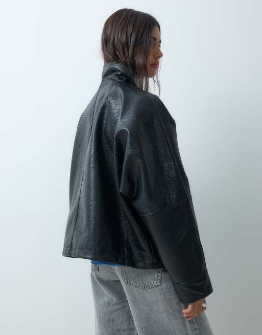 ASOS DESIGN 80s batwing leather look jacket in black, 3 of 4
