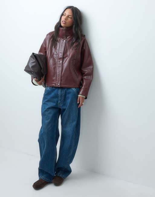 ASOS DESIGN 80s batwing leather look jacket in deep red, 2 of 4