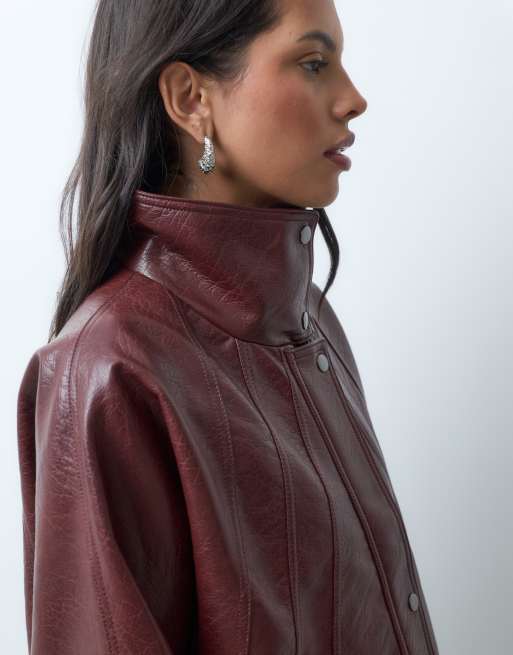 ASOS DESIGN 80s batwing leather look jacket in deep red, 3 of 4