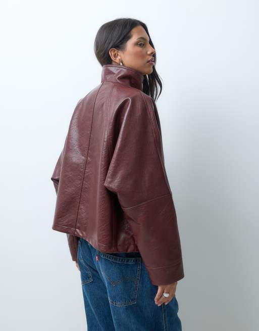 ASOS DESIGN 80s batwing leather look jacket in deep red, 4 of 4