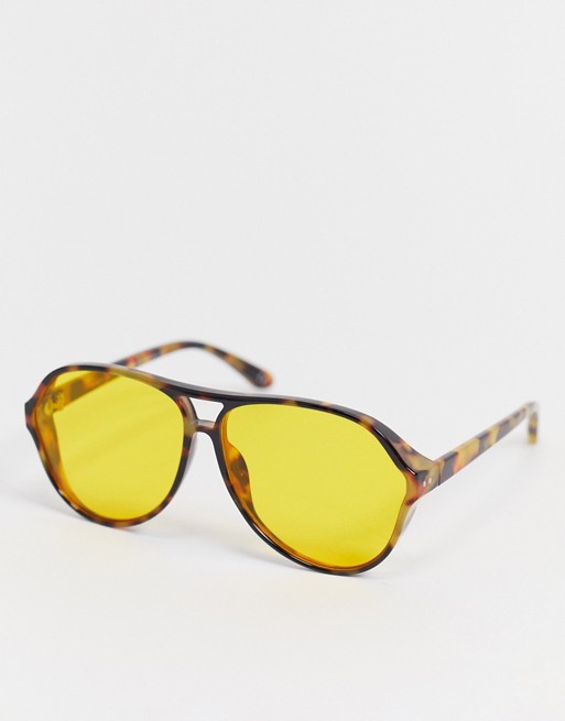 ASOS DESIGN 80's oversized navigator sunglasses in tort with yellow lens