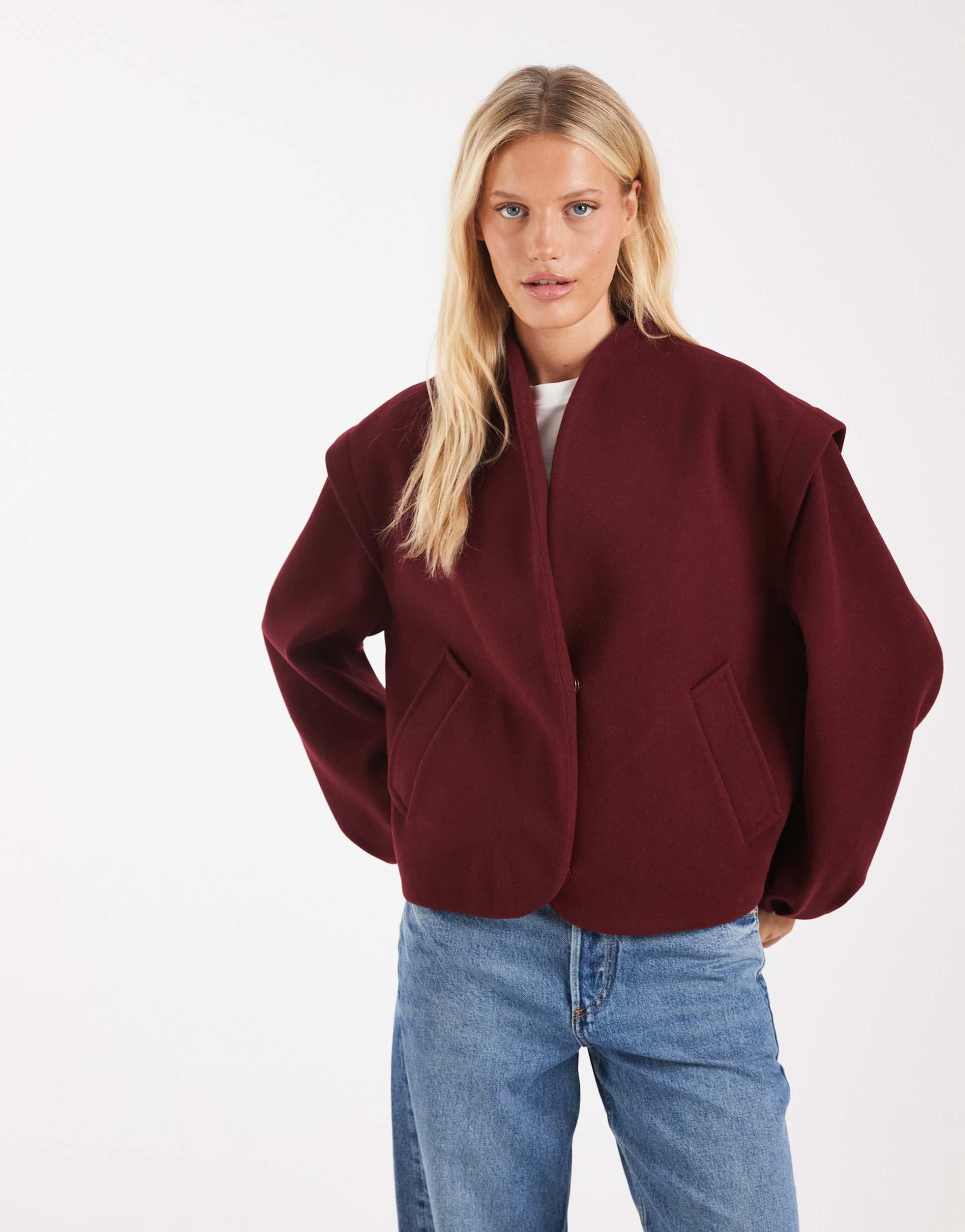 asos design 80's shoulders formal bubble hem jacket in deep red