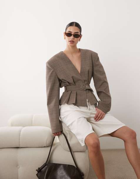 ASOS DESIGN 80s style belted blazer in gray check - view 1