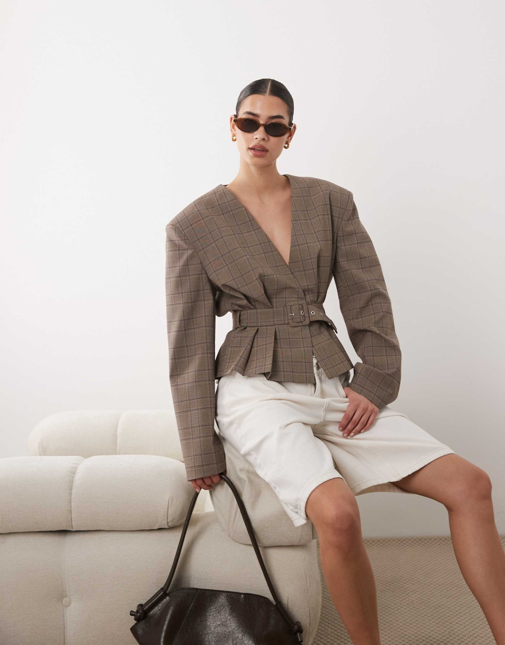 asos design 80s style belted blazer in gray check