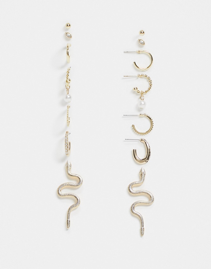 ASOS DESIGN 9-pack earrings with snake crystal and faux pearl designs in gold tone