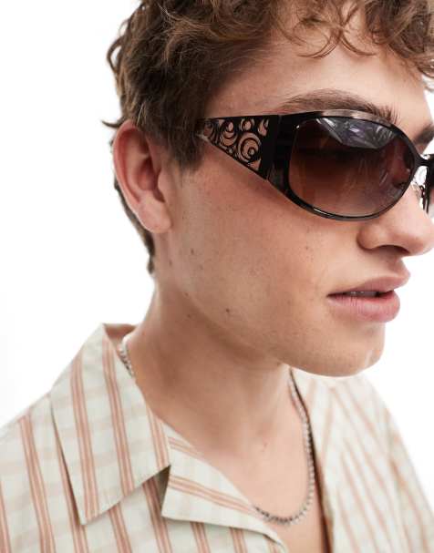 ASOS DESIGN – 90er-Sonnenbrille mit Wrap-around-Gestell in Braun und runden Details - view 1