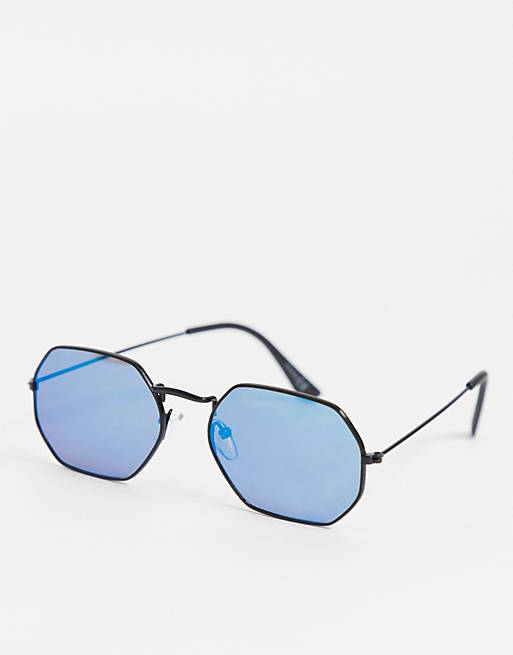 ASOS DESIGN 90s angled metal sunglasses in black with mirrored lens