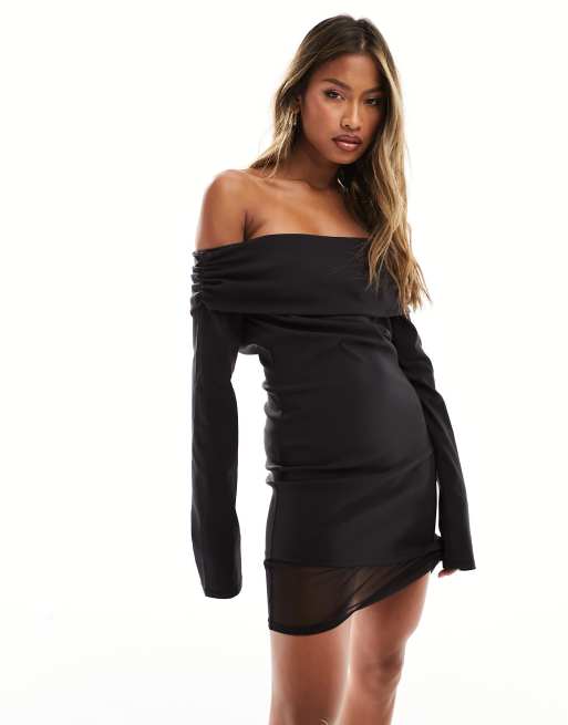 ASOS DESIGN 90s bardot mini dress with contrast mesh underlay in black