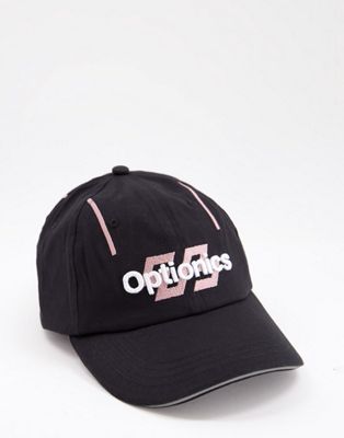 ASOS DESIGN 90's soft baseball cap in black with pink text embroidery