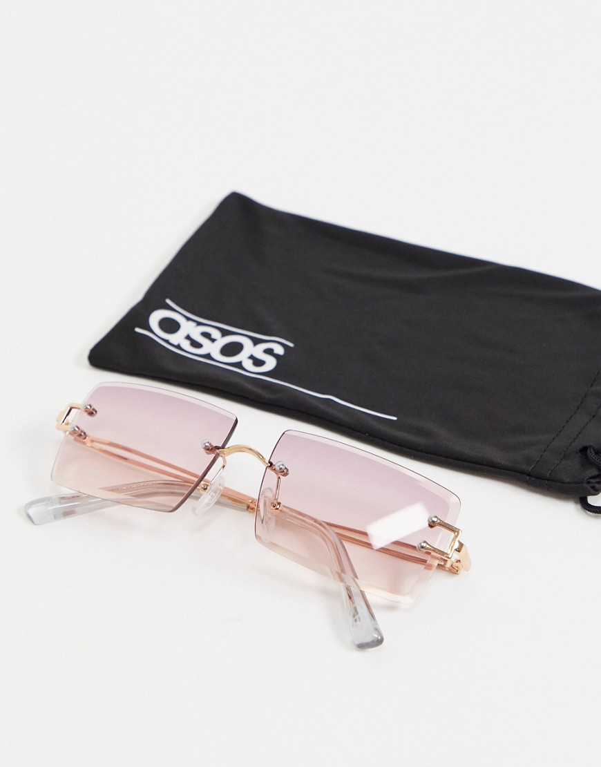 ASOS DESIGN 90s bevel lens square sunglasses with vintage arm detail in pink-Gold