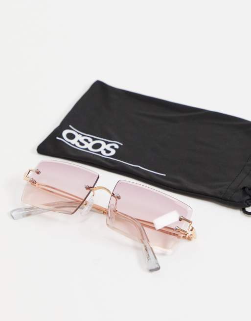 Asos Design 90s Bevel Lens Square Sunglasses With Vintage Arm Detail In Pink Asos 