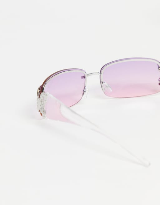 ASOS DESIGN 90s butterfly temple sunglasses with fade lens in pink, 2 of 4