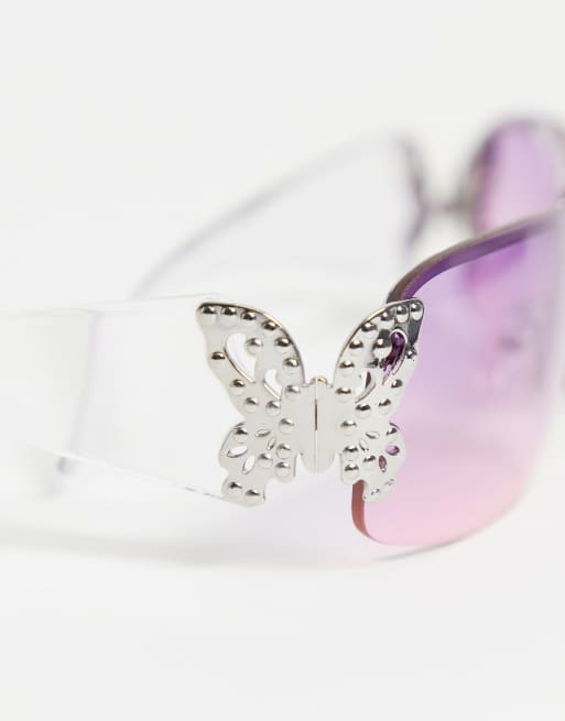 ASOS DESIGN 90s butterfly temple sunglasses with fade lenses in pink