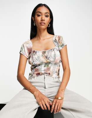 Asos Design 90s Capped Sleeve Top With Corset Detail In Floral Newspaper Print-multi