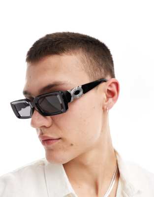 ASOS DESIGN 90's chunky rectangle sunglasses with bevel edge and silver detail in black