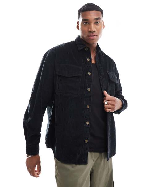 ASOS DESIGN 90s cord oversized shirt with patch pocket in black - view 1