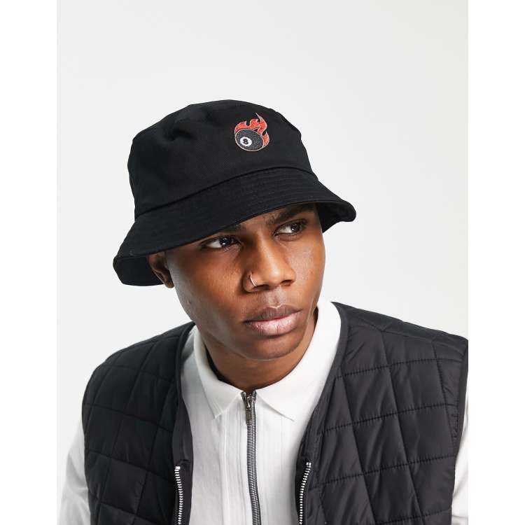 ASOS DESIGN 90's cotton bucket hat with 8 ball embroidery in black