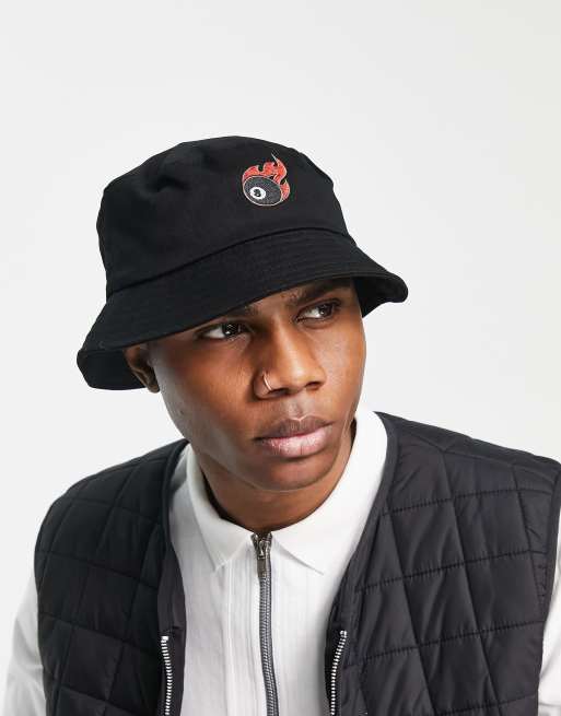 ASOS DESIGN 90's cotton bucket hat with 8 ball embroidery in black