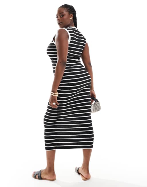 ASOS DESIGN 90s Curve ribbed built up midi tank dress in mono stripe, 3 of 4
