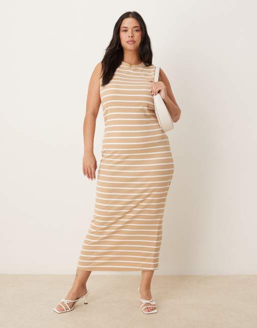 ASOS DESIGN 90s Curve ribbed built up midi tank dress neutral stripe