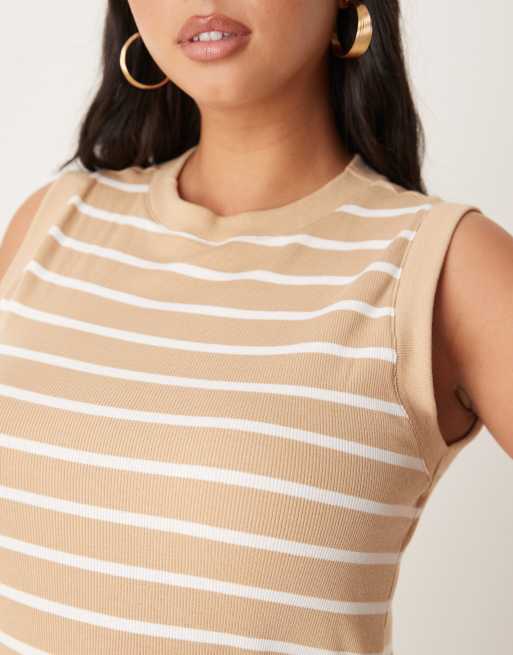 ASOS DESIGN 90s Curve ribbed built up midi tank dress neutral stripe, 3 of 4