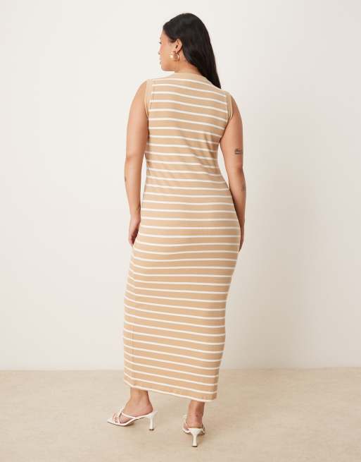 ASOS DESIGN 90s Curve ribbed built up midi tank dress neutral stripe