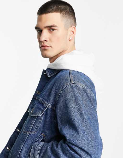 ASOS Denim Jacket With Cut Off Sleeve in Mid Wash