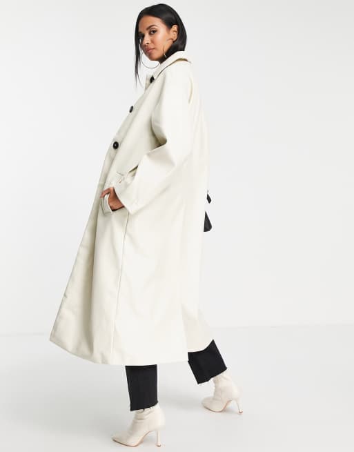 ASOS DESIGN 90s faux leather trench coat in cream