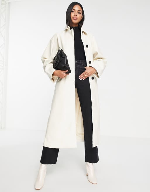 ASOS DESIGN 90s faux leather trench coat in cream