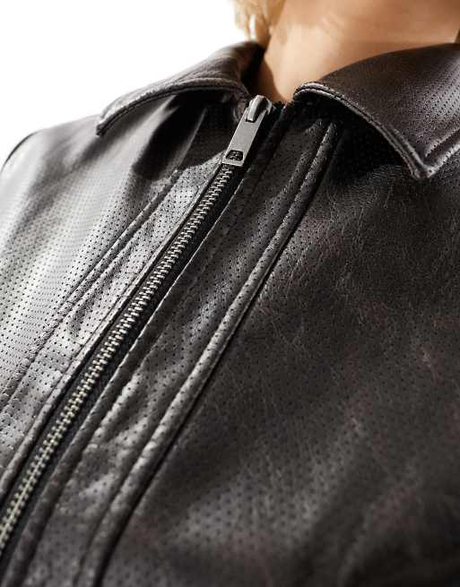 ASOS DESIGN 90s fitted leather look jacket in brown, 2 of 4
