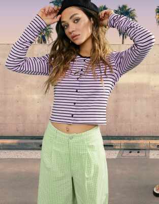 Asos Design 90s Fitted Rib Top With Buttons In Variegated Stripe Multi