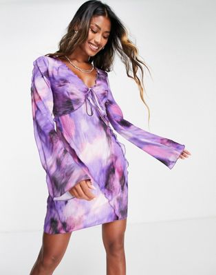 ASOS DESIGN 90's frilly edge mini dress in purple blurred snake print | ASOS