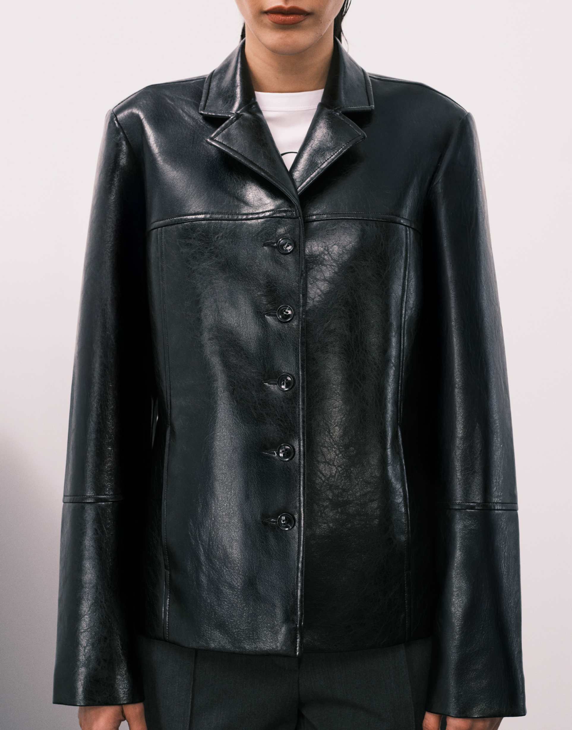 asos design 90s high shine leather look jacket in black