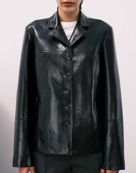 ASOS DESIGN 90s high shine leather look jacket in black